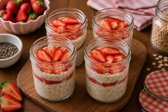 Add the strawberries in layers
