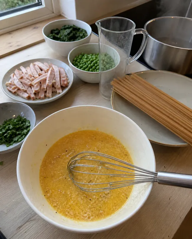 Organize the Ingredients and Whisk the Egg-Cheese Base