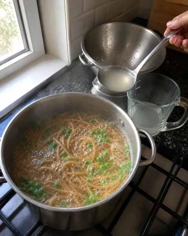 Boil the Spaghetti and Add the Peas Near the End