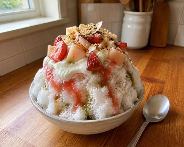 🍧 Balanced Strawberry-Peach Kakigori with Matcha Milk