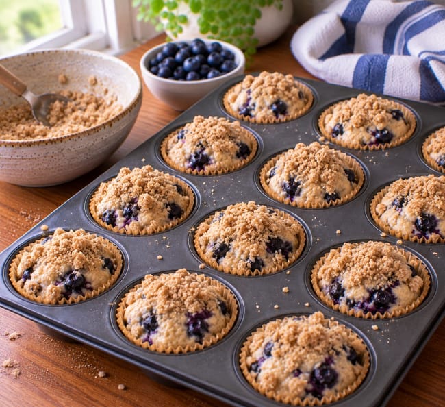 Top with streusel and bake