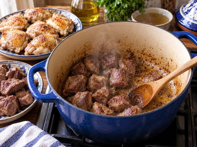 Brown the Lamb and Chicken Lightly