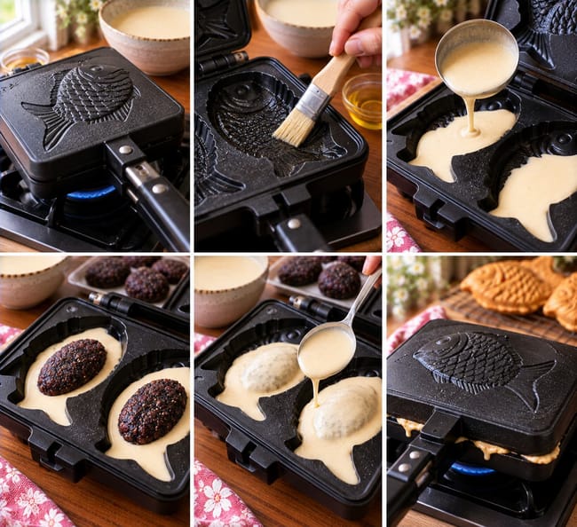 Preheat, Oil, and Fill the Taiyaki Mold